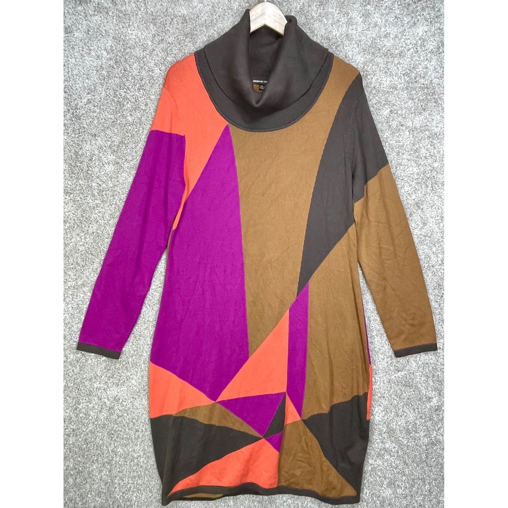 Adrienne Vittadini Geometric Colorblock Sweater Dress Womens XL Brown Multi Cowl